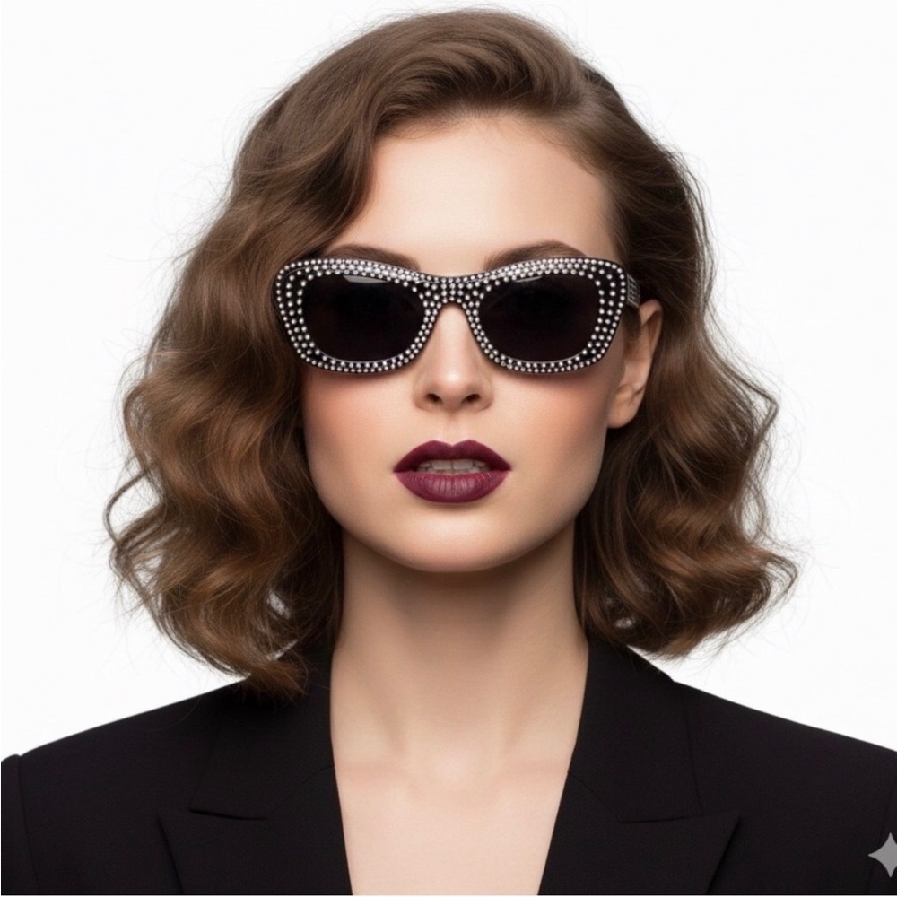 NWT Mango Mng Rhinestone Sunglasses Recycled Materials Black Retro Glam Sexy